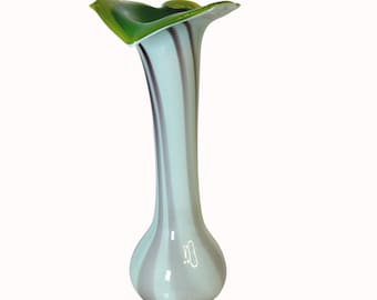 Vintage Jack-In-The-Pulpit Tulip Hand-Blown Art Glass Vase Green Rim Swirl