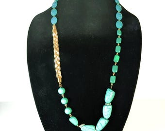 Vintage Aqua Blue Beaded Long Necklace With Gold-Tone Chain & Clasp 36 Inches