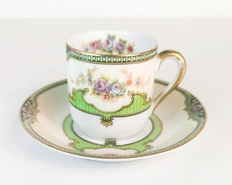 Antique Noritake Floreal Hand-Painted Porcelain Demitasse Green Cup and Saucer