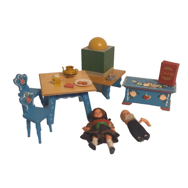 Vintage Dora Kuhn German Dollhouse Blue Furniture, Accessories, and Doll