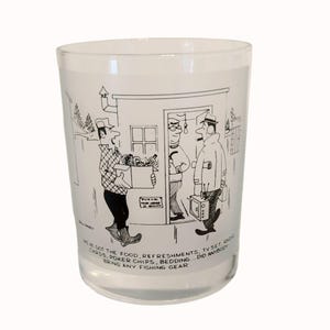Vintage Bill Davey 70s Fishing Theme Comic Cartoon Frosted Whiskey Glass