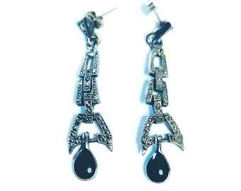 Vintage Art Deco Style Black & Silver-Tone Dangle Earrings