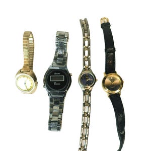 May include: Four wristwatches with different designs. One is gold-toned with a stretch band, another is silver-toned with a digital display, and two have analog faces with metal bands and leather straps. The watches are on a white background.