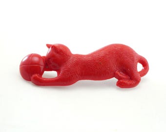 Pinza para el cabello de plástico rojo con diseño de gato vintage y ovillo de lana, 5 cm (2 pulgadas)