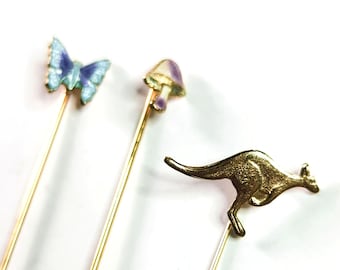 Vintage Gold-Tone Stick Pins With Butterfly Mushroom Kangaroo Designs