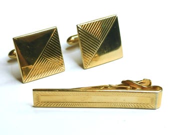 Vintage Swank Gold-Tone Square Geometric Cufflinks & Tie Clip Set