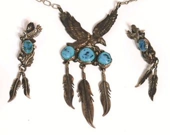 Navajo Sterling Silver Turquoise Eagle Necklace & Earrings Set RB Richard Begay
