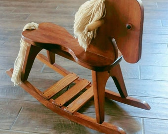 Vintage Handmade Brown Wooden Rocking Horse Heirloom Yarn Hair