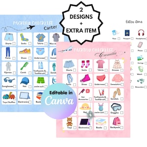 May include: Two packing checklist designs, one blue and one pink, with illustrated items like shorts, shoes, and sunglasses. The blue checklist is labeled "Carter," and the pink one is labeled "Camila." The image also includes the text "Editable in Canva."