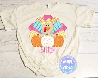Girl Personalized Thanksgiving Turkey Fall Faux Applique Bubble