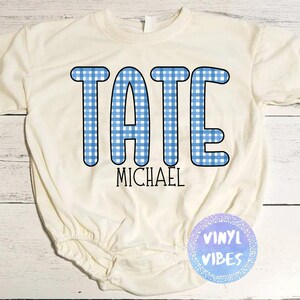 Boy Personalized Name Bubble Romper, Personalized Boy Blue Gingham Print Bubble