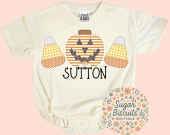 Halloween baby romper, pumpkin candy corn outfit, personalized baby boy romper, fall baby outfit, embroidered halloween bubble,faux applique