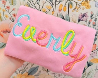 Personalized Embroidered Name Shirt, Girls Ruffle Tee, Custom Toddler Shirt, Rainbow Embroidery, Short Sleeve, Long Sleeve, Custom Name