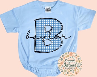 Personalized Baby Boy Romper, Custom Name Monogram Bodysuit, Blue Gingham Initial Outfit, Baby Shower Gift, Boy Coming Home Outfit