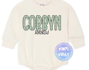 Personalized Boy Bubble Romper: Green Gingham Name Sweatshirt