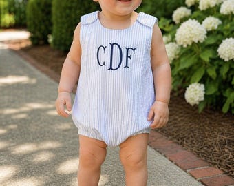Seersucker Baby Boy Bubble Romper Monogram Outfit Blue Striped Baby Romper Personalized Baby Clothes Southern Baby Outfit Summer Outfit