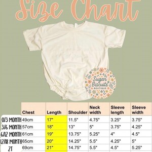May include: Cream-coloured baby onesie with a size chart. The chart lists chest, length, shoulder, neck width, sleeve length, and sleeve width measurements for various sizes, from 0/3 months to 3T. The text "Size Chart" is at the top.
