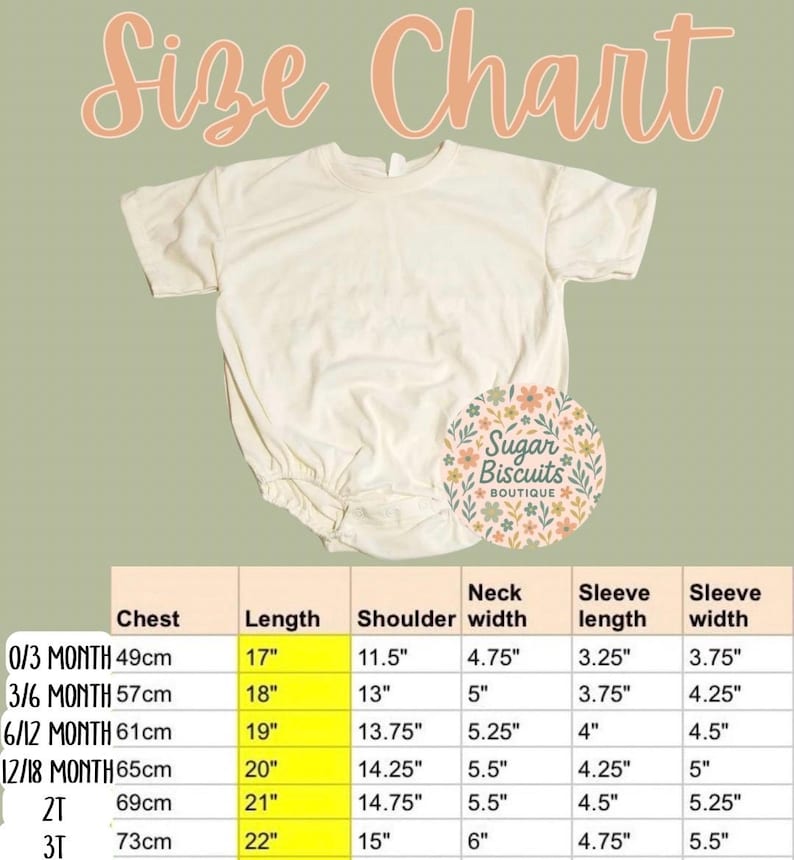 May include: Cream-coloured baby onesie with a size chart. The chart lists chest, length, shoulder, neck width, sleeve length, and sleeve width measurements for various sizes, from 0/3 months to 3T. The text "Size Chart" is at the top.
