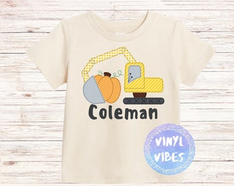 Boy Personalized Thanksgiving Fall Excavator Faux Appliqué Tshirt, Short and Long Sleeve Options