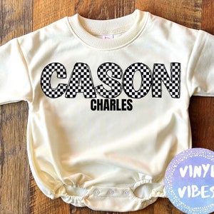 Personalized Boy Checkered Name Sweatshirt Bubble Romper