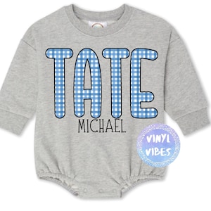 Boy Personalized Name Sweatshirt Bubble Romper, Personalized Boy Blue Gingham Print Bubble