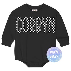 Boy Personalized Name Sweatshirt Bubble Romper, Personalized Boy Checkered Bubble