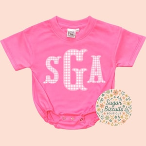 Custom Monogram Baby Bubble Romper, Pink Gingham Initials, Personalized Baby Outfit, Southern Baby Girl Outfit, Custom Name Romper