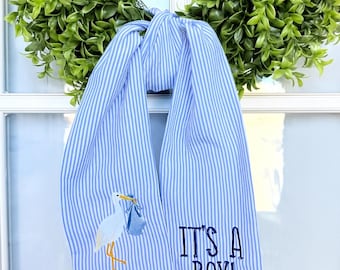 Custom Baby Announcement Wreath Sash | It’s a Girl or It’s a Boy Seersucker Bow | Stork Embroidered Door Decor | Gender Reveal Gift
