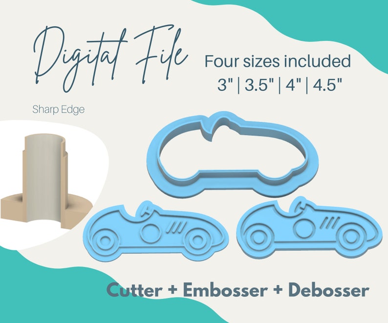 Op de afbeelding: Digitaal bestand voor een uitsteker, embosser en debosser van een vintage raceauto. Vier maten zijn inbegrepen: 7,6 cm, 8,9 cm, 10,2 cm en 11,4 cm. Het bestand heeft een scherpe rand.