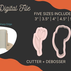 Puede incluir: Un archivo digital que presenta un cortador y un debosador con forma de tulipán. La imagen muestra el cortador y el debosador, junto con una representación 3D de un borde afilado. Se incluyen cinco tamaños: 7,6 cm, 8,9 cm, 10,2 cm, 11,4 cm y 12,7 cm.