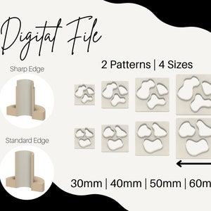 May include: Digital file download of two different patterns of cookie cutters in four sizes: 30mm, 40mm, 50mm, and 60mm. The cookie cutters are shown with both a sharp and standard edge.