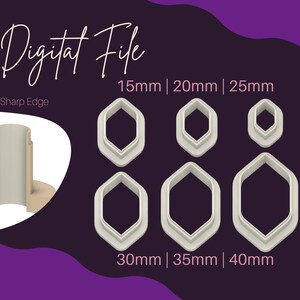 May include: Digital file for six hexagon-shaped cookie cutters with sharp edges. The cutters are in sizes 15mm, 20mm, 25mm, 30mm, 35mm, and 40mm.