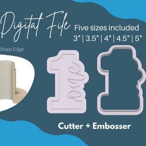 Puede incluir: Archivo digital para un cortador de galletas y un relieve en forma de n&uacute;mero uno. El dise&ntilde;o incluye la palabra "Uno" dentro del n&uacute;mero. Se incluyen cinco tama&ntilde;os: 7,6 cm, 8,9 cm, 10,2 cm, 11,4 cm y 12,7 cm.