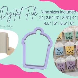 May include: A purple plastic cookie cutter shaped like a boba tea cup with a straw. Nine sizes of the cutter are included: 2 inches, 2.5 inches, 3 inches, 3.5 inches, 4 inches, 4.5 inches, 5 inches, 5.5 inches, and 6 inches.