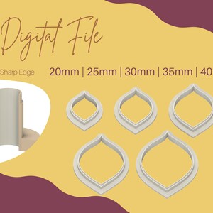 May include: Set of four cookie cutters in the shape of a leaf with a pointed tip. The cutters are made of white plastic and have sharp edges. The cutters are 20mm, 25mm, 30mm, 35mm, and 40mm in size. Digital File. Sharp Edge.