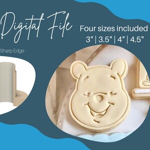 May include: Digital file for a cookie cutter in the shape of Winnie the Pooh's face. Four sizes are included: 3 inches, 3.5 inches, 4 inches, and 4.5 inches. The cookie cutter has a sharp edge.