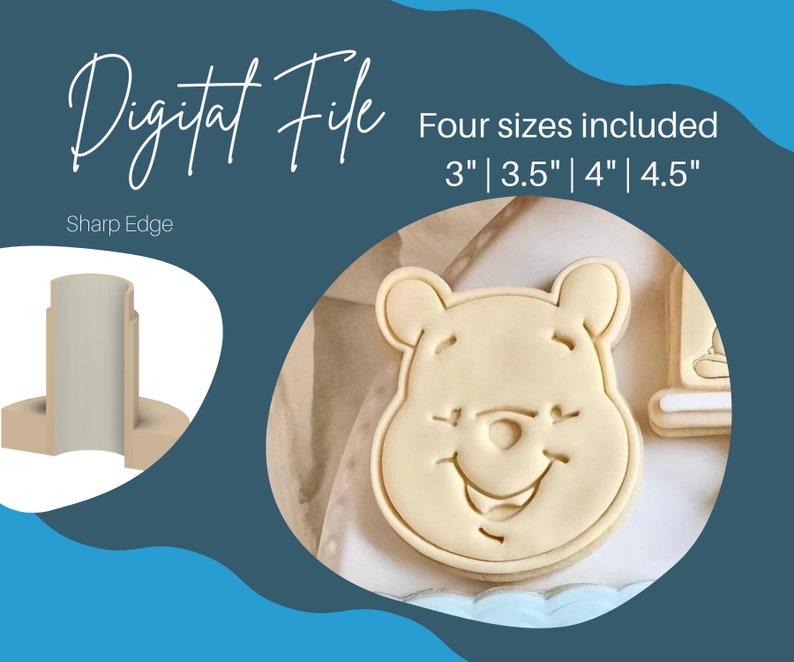 May include: Digital file for a cookie cutter in the shape of Winnie the Pooh's face. Four sizes are included: 3 inches, 3.5 inches, 4 inches, and 4.5 inches. The cookie cutter has a sharp edge.