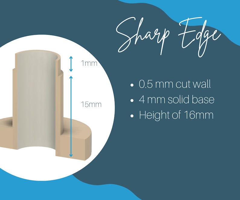 Puede incluir: Un molde de pl&aacute;stico beige con un borde afilado, que mide 1 mm de ancho y 15 mm de alto. El molde tiene una pared de corte de 0,5 mm, una base s&oacute;lida de 4 mm y una altura total de 16 mm.
