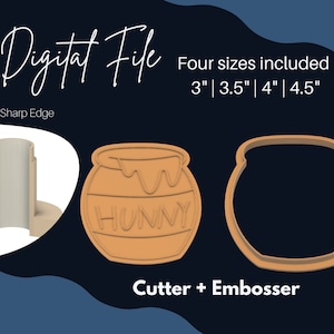May include: Digital file for a honey pot cookie cutter and embosser. The cutter is brown and has the word "HUNNY" on it. The embosser is a simple outline of a honey pot. Four sizes are included: 7.6 cm, 8.9 cm, 10.2 cm, and 11.4 cm.