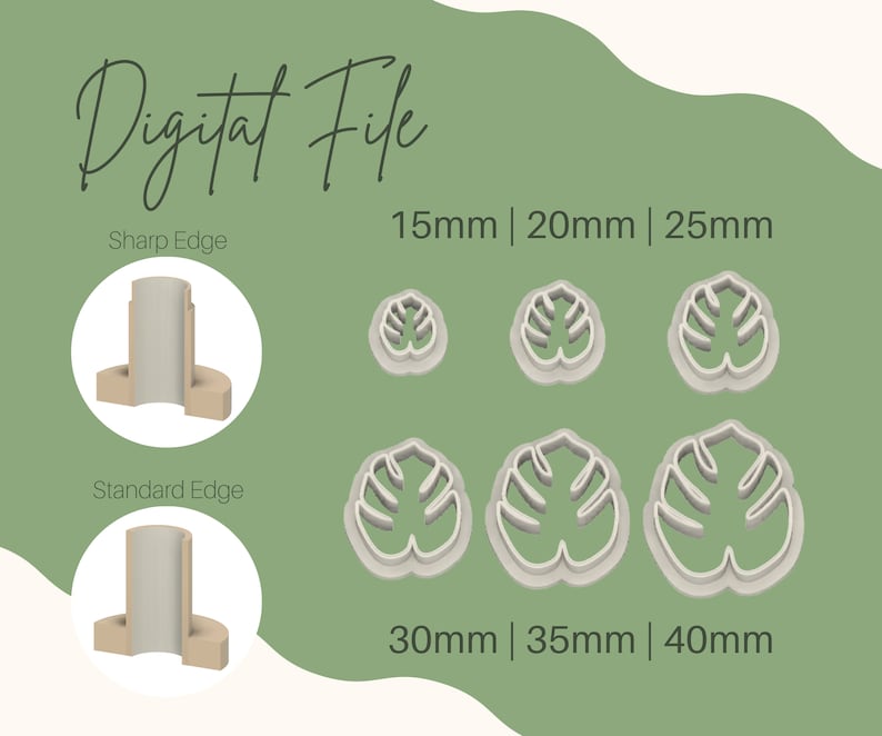 May include: Digital file for a set of six cookie cutters in the shape of a monstera leaf. The cutters are available in six sizes: 15mm, 20mm, 25mm, 30mm, 35mm, and 40mm. The cutters have a sharp edge and a standard edge.