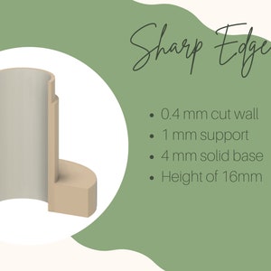 May include: A 3D rendering of a sharp edge mould for resin casting. The mould is made of a beige material and has a 0.4 mm cut wall, 1 mm support, 4 mm solid base, and a height of 16 mm.