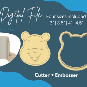 Könnte beinhalten: Digitale Datei für einen Winnie Puuh-Keksstempel und -prägestempel. Das Bild zeigt den Stempel und den Prägestempel in vier Größen: 7,6 cm, 8,9 cm, 10,2 cm und 11,4 cm. Der Text "Sharp Edge" ist ebenfalls sichtbar.
