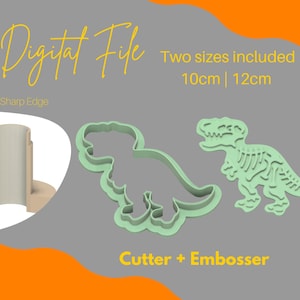 May include: Two digital files for a dinosaur cookie cutter and embosser. The cutter is green and features a T-Rex with a skeletal design. The embosser is also green and features a T-Rex with a solid design. The text "Digital File" and "Two sizes included 10cm | 12cm" is displayed on the image.