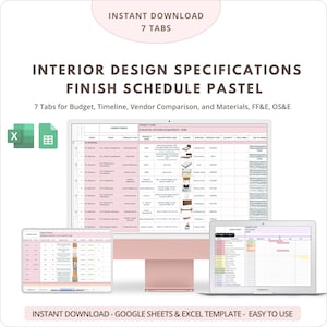 Ben - Modèle de fiche technique de design d&#39;intérieur Planificateur de rénovation Calendrier des travaux Budget Feuilles Google Excel FFE Calendrier de finition Fiche technique