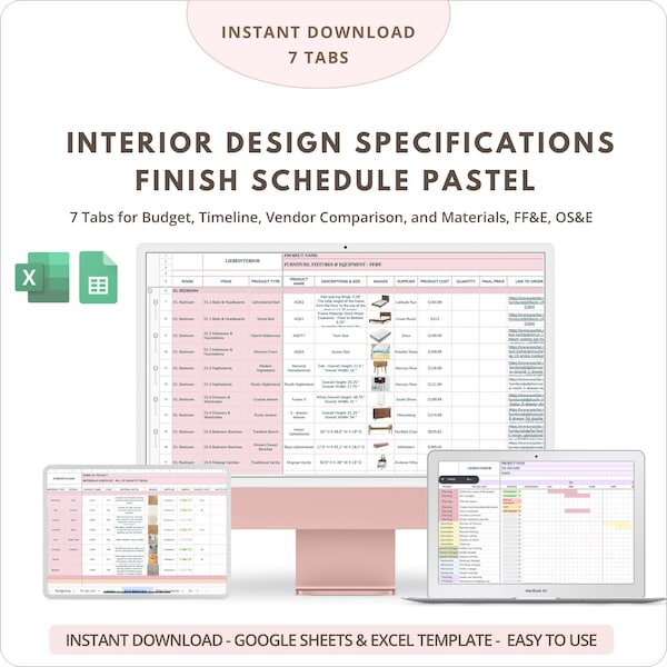 Interior Design Specification Sheet Template Renovation Planner Timeline Budget Google Sheets Excel FFE Finish Schedule Templates Spec Sheet
