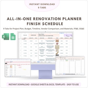 Renovation Planner, Specification Interior Design, Budget Timeline Tracker Google Sheets Excel FF&E Finish Schedule Template Spreadsheets