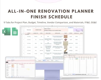 Renovation Planner, Specification Interior Design, Budget Timeline Tracker Google Sheets Excel FF&E Finish Schedule Template Spreadsheets