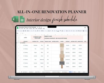 Interior Design Specifications All-in-one Schedule, Renovation Planner, Budget, Project Tracker, Finish Schedule (Google Sheets & Excel)