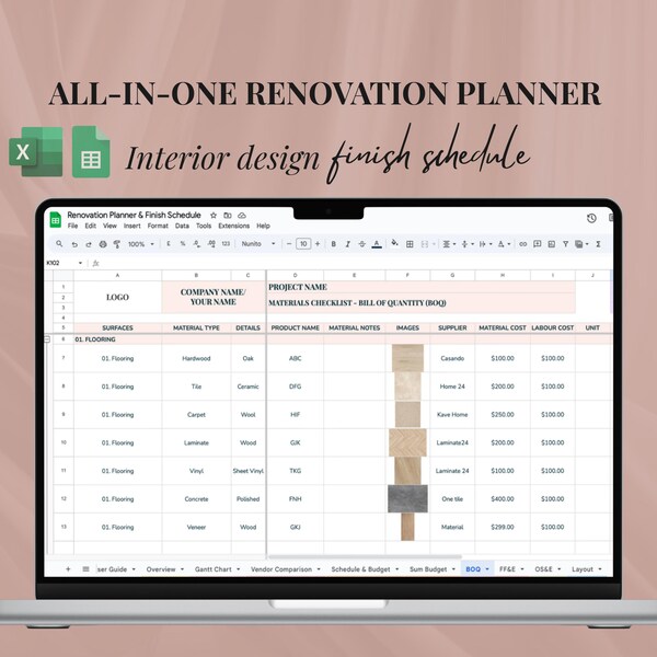 Interior Design Specifications All-in-one Schedule, Renovation Planner, Budget, Project Tracker, Finish Schedule (Google Sheets & Excel)