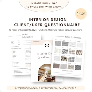 Nina - Vragenlijst Ontdekkingsformulier interieurontwerper | Bewerkbaar met canvassjabloon | Onboarding van klanten voor interieurdesign